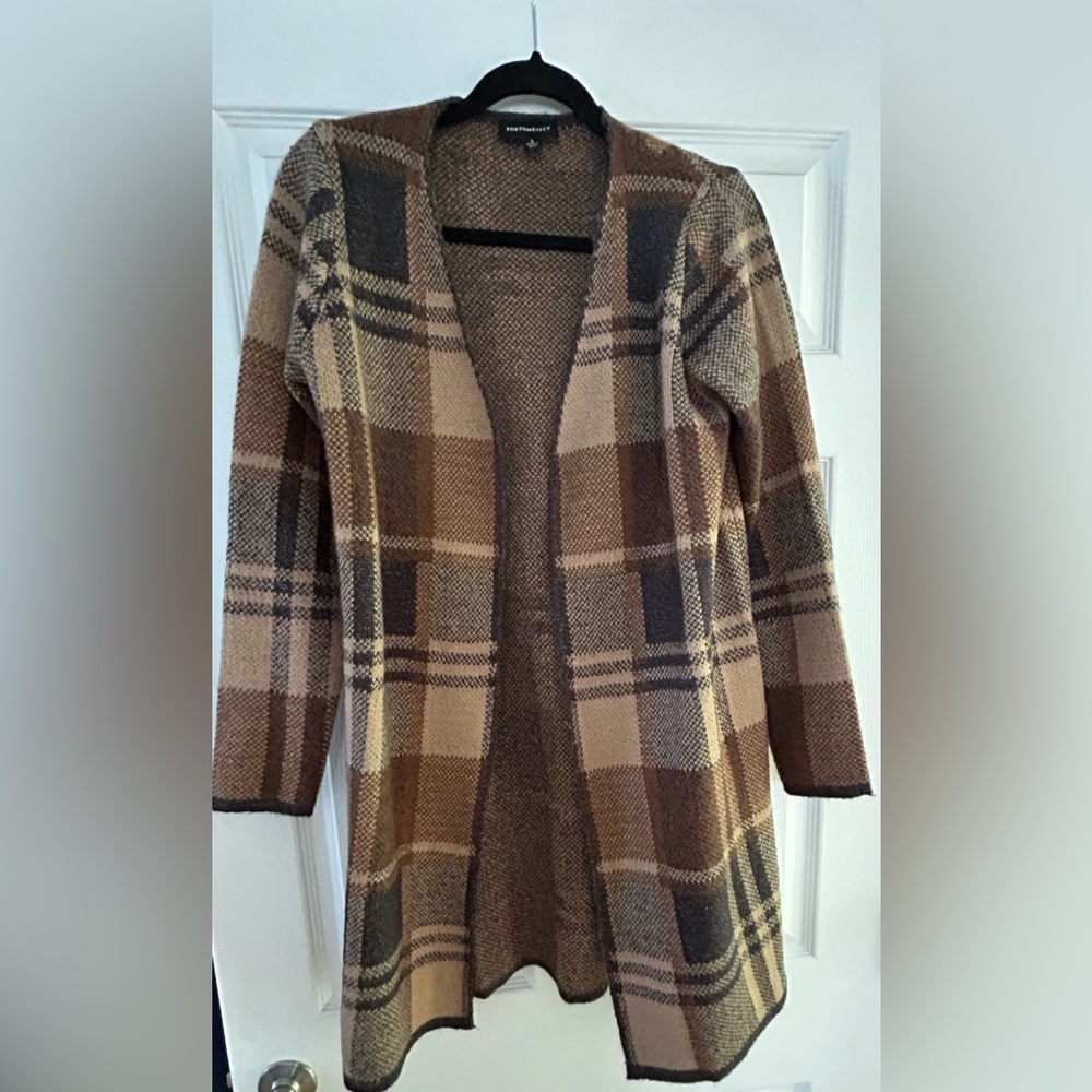 Fortune + Ivy Cognac Plaid Open Cardigan